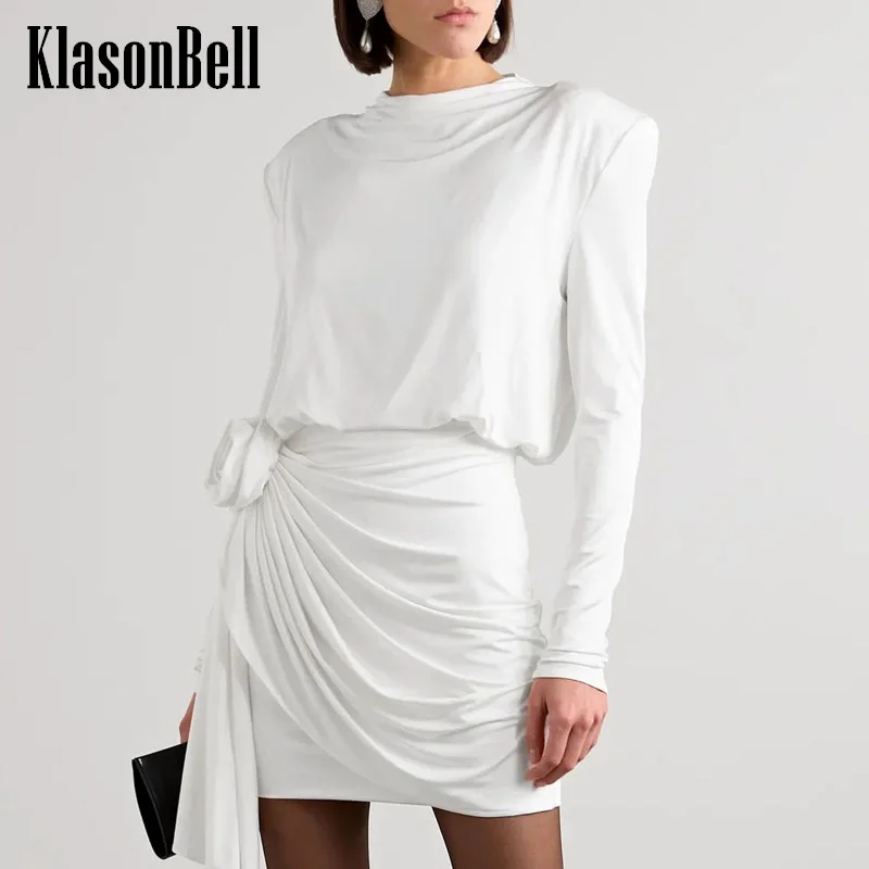 

7.19 KasonBell Women Temperament Shoulder Pads Ruched Flower Design Dress Sexy Backless Collect Waist Long Sleeve Mini Dress