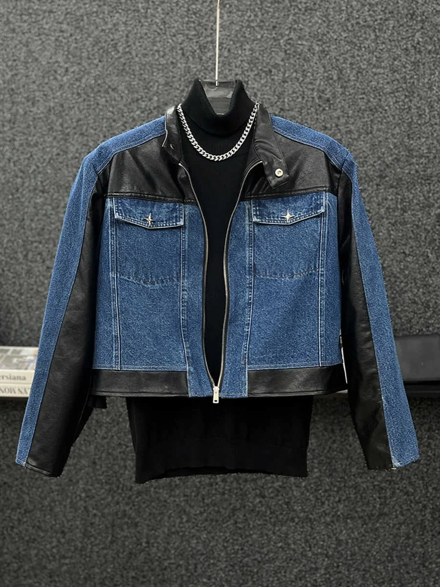 2024 Spring Autumn New High-End Short Padded Shoulder Leather Patchwork Denim Men's Casual Loose Retro Jacket Easy Matching Coat