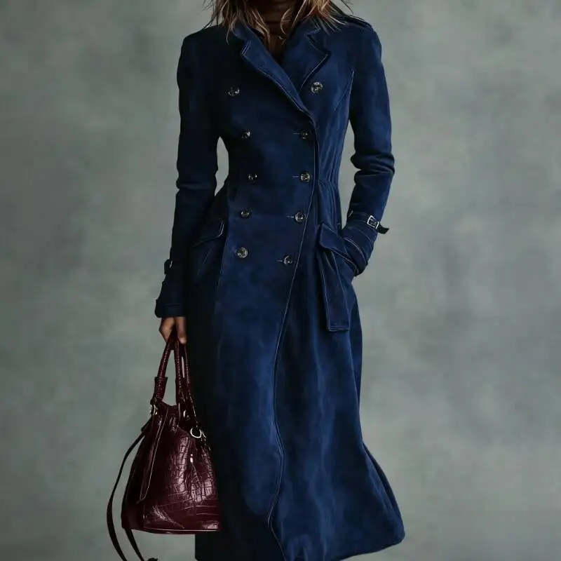 

Elegant Lapel Collar Buttons Windbreaker Fashion Hight Waist Pocket Solid Velvet Jackets Lady Casual Long Sleeve Suede Coat