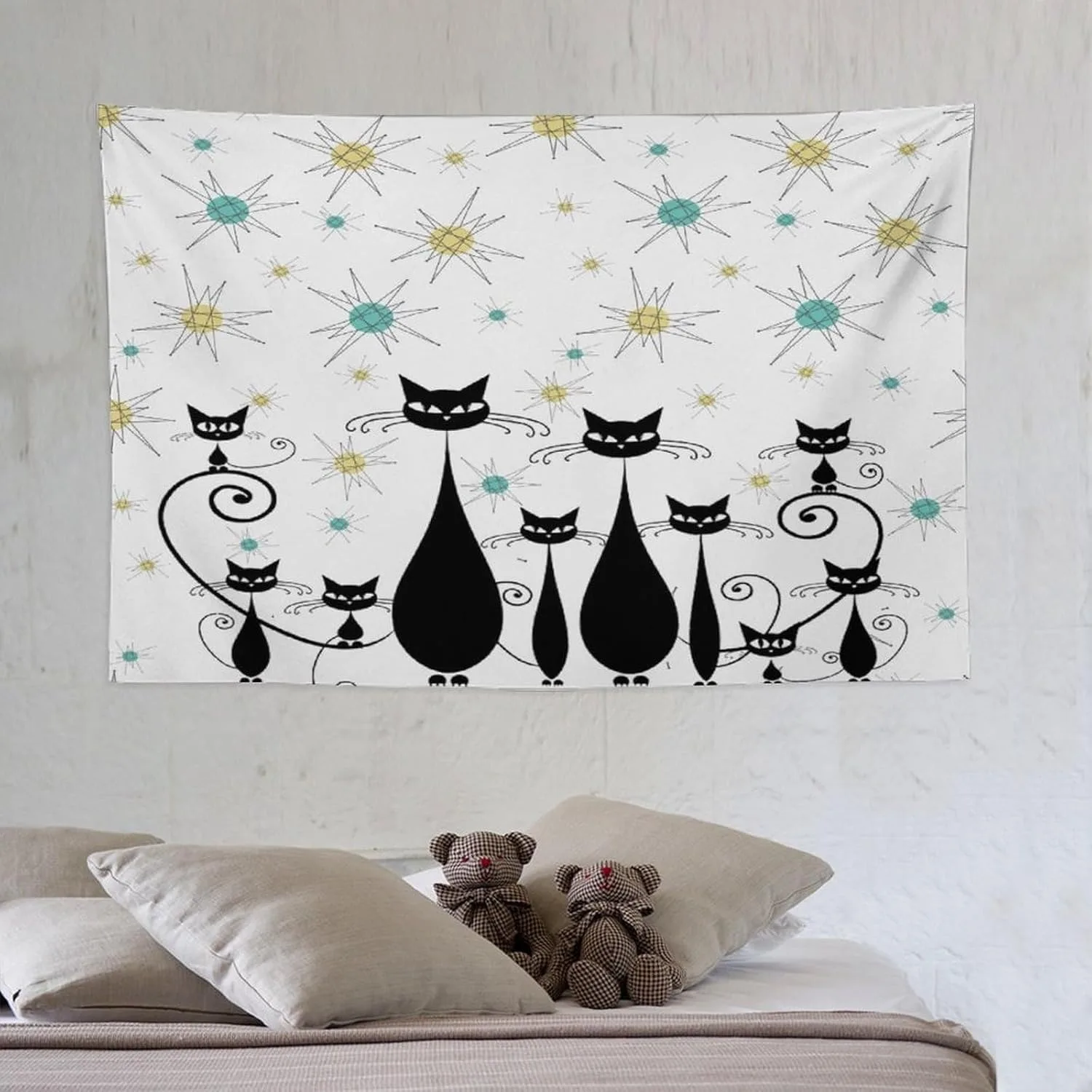 1pc Black cat starburst retro pattern tapestry, polyester fabric, machine washable, suitable for bedroom and living room.