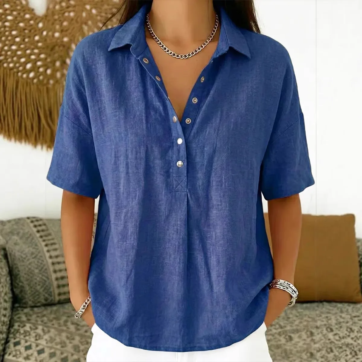 

Summer Solid Casual Loose Shirts For Women Vintage Shirts And Blouses Fashion Female Tops Commute Loose Lady Shirt