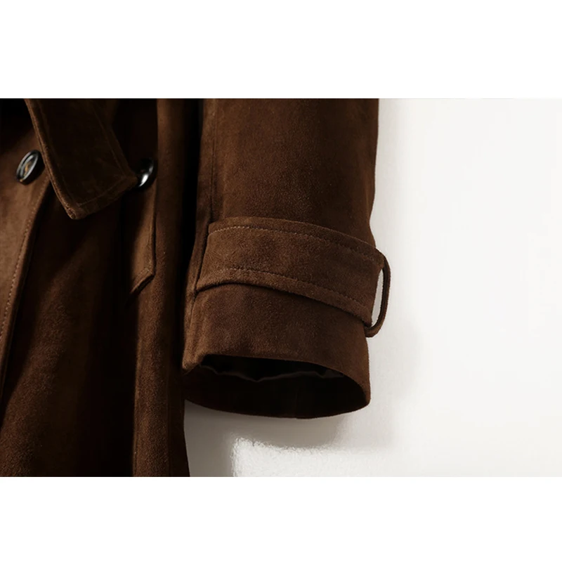 100 % echtes Leder Trenchcoat Damen High Luxus Ziegenleder Wildleder Retro Braun Kaffee Verlängern Schnürung Zweireiher Trenchcoat