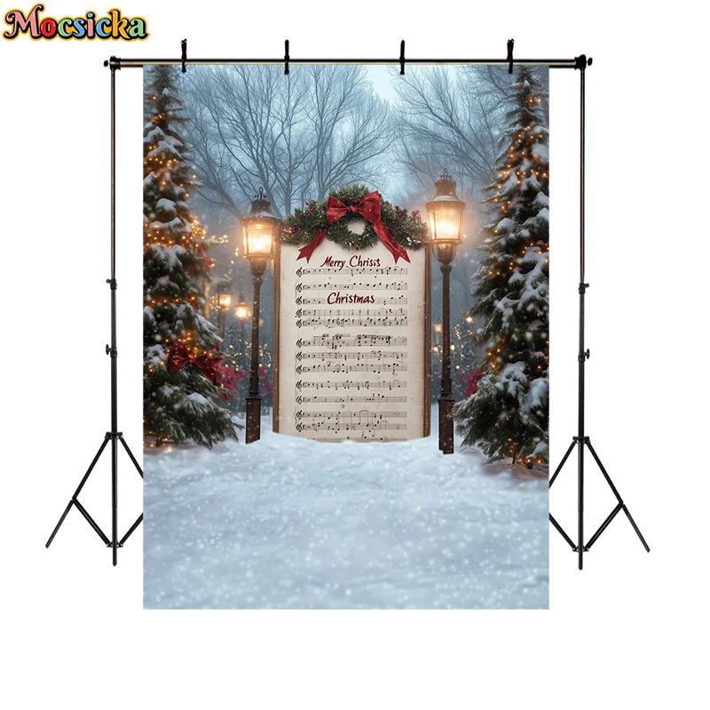 Merry Christmas Photography Backdrops Kids Adult Family Portrait Photo Backgrounds Winter Xmas Tree Sheet Music Decor Props