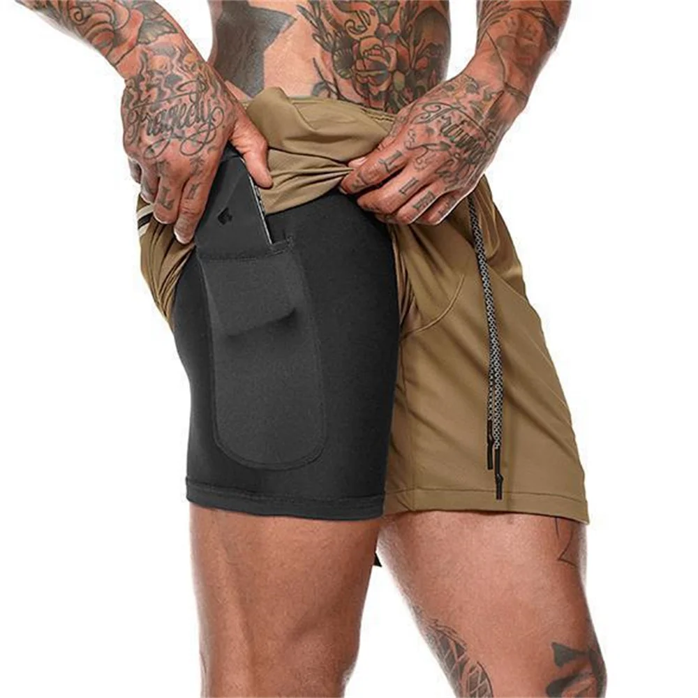 Pantalones cortos de doble capa para hombre, Shorts sólidos de gran tamaño para entrenamiento físico, para correr rápido, novedad