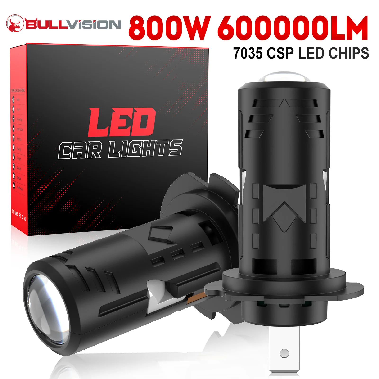 800W H7 LED Headlight Mini Lens Projector 600000LM 1:1 Mini Wireless Plug&Play Fog Light Turbo 6000K White 12V Auto Headlamp