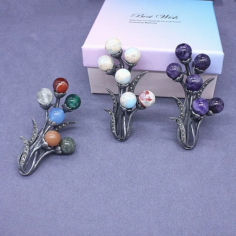 Брошь Ajojewel из белого/фиолетового/цветного натурального камня, винтажная ретро-брошь в виде растения, ретро-украшение для женщин, модный подарок