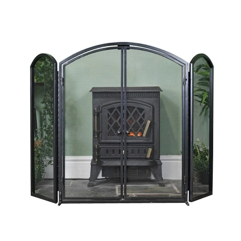 

Household fireplace door with mesh heater partition screen metal tri-fold furnace fence with door anti-scalding folding screen