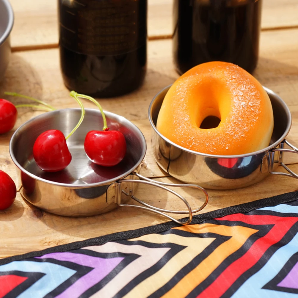 

1 set 1 Set Stainless Steel Camping Foldable Handle Outdoor Bbq Food Bowl For Hiking Fishing Travel Kitchen Cookware Bowl