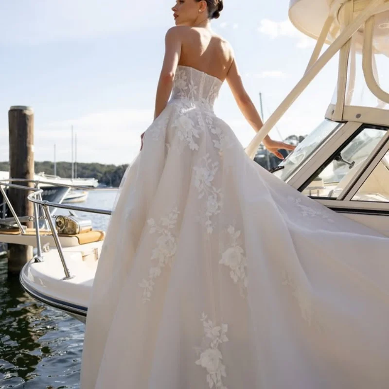 Ivory White Appliques Wedding Dresses off-shoulder A skirt 3D flower decal Long tail Bridal Gowns Made Customized