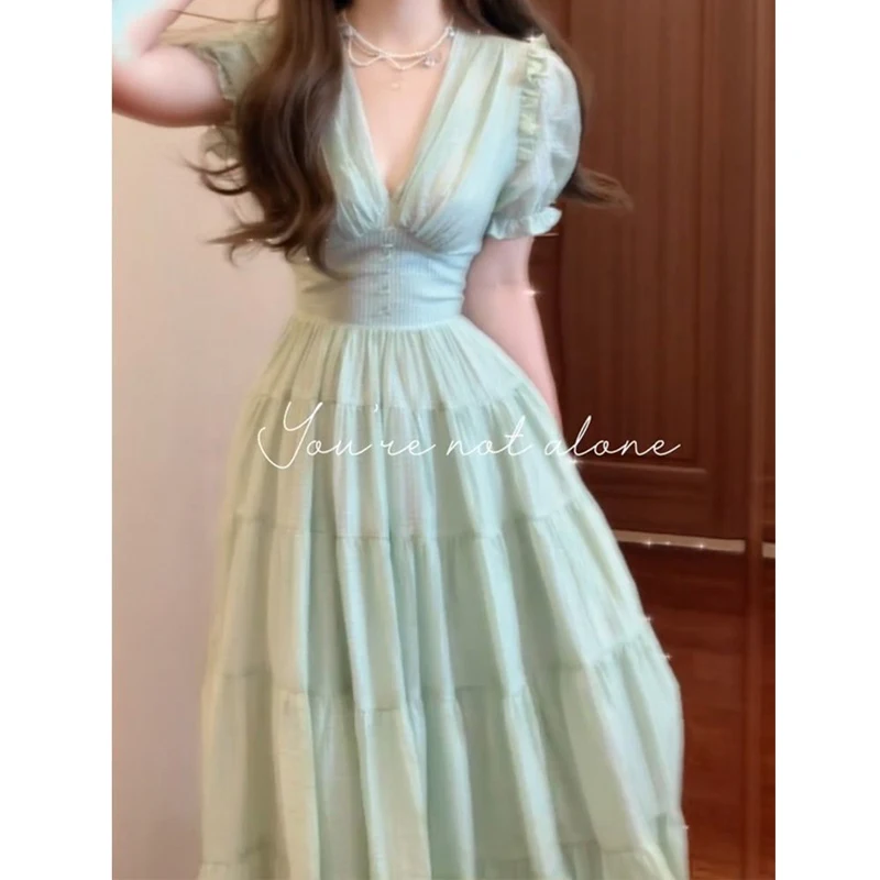 فستان ضيق مثير بياقة على شكل V وأكمام قصيرة من فيستدوس ملابس نسائية صيفية عصرية مكشكشة مجوفة برباط علوي فساتين حفلات أنيقة