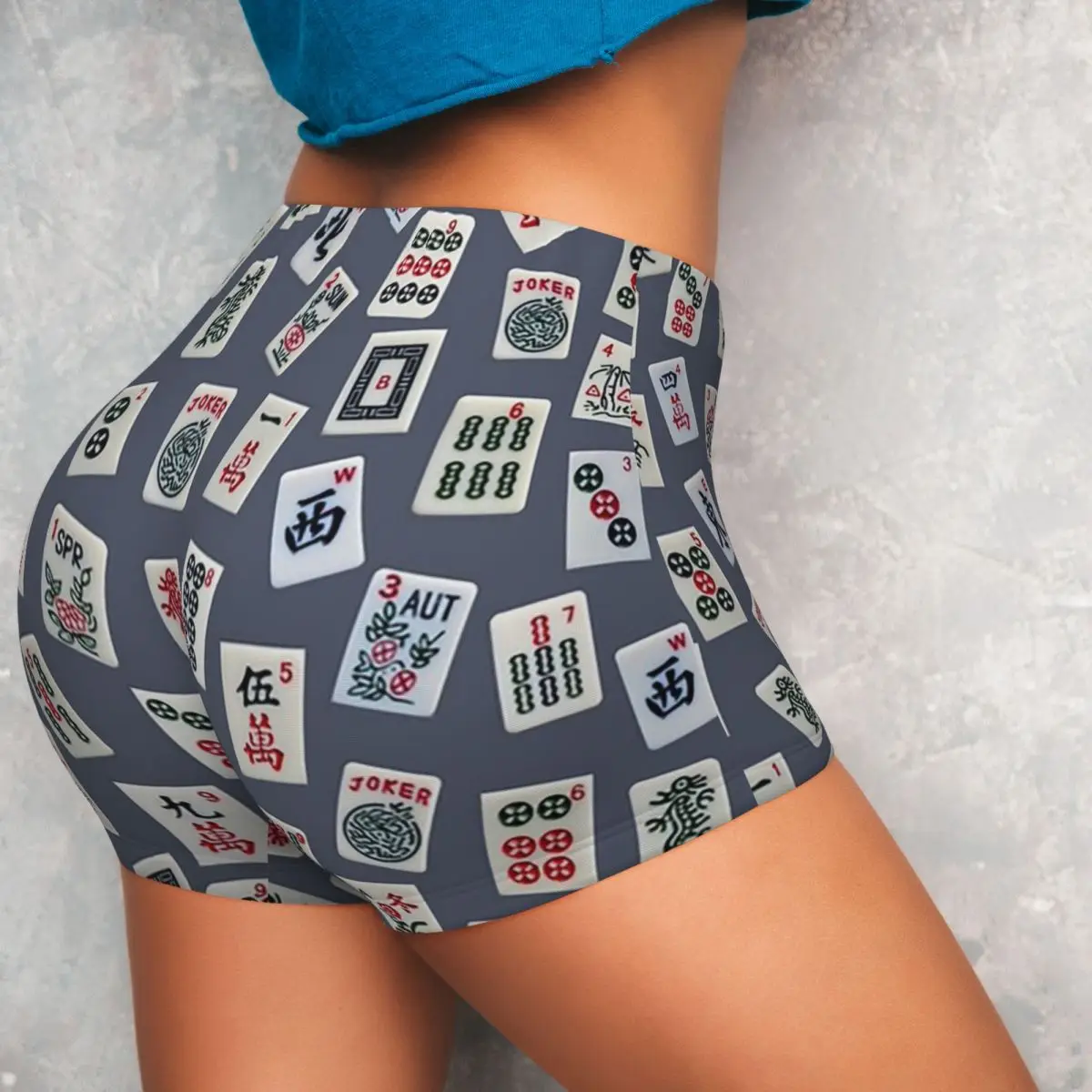 تصميم بلاط لعبة Mahjongg مخصص على شورت يوجا أزرق اللون للنساء في صالة الألعاب الرياضية والجري شورت رياضي لراكبي الدراجات النارية #5