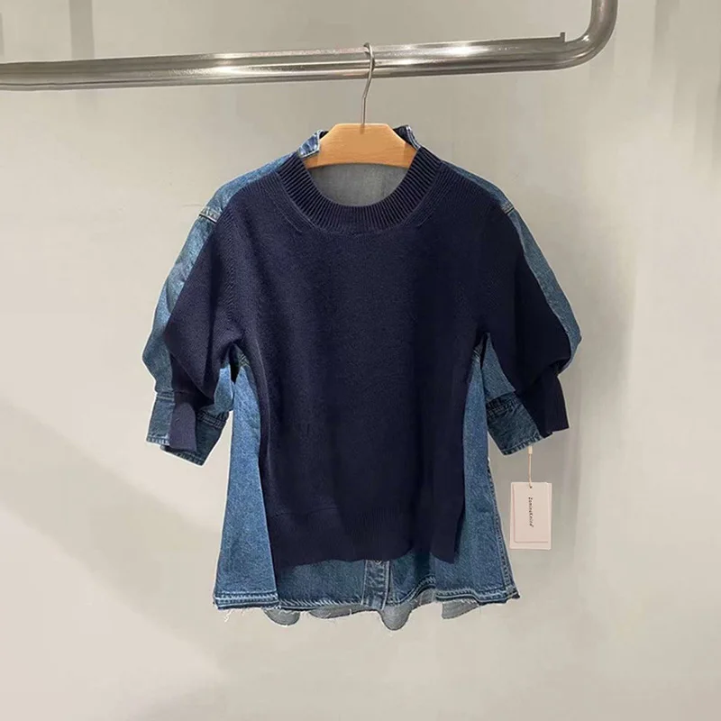 

Niche 2023 spring new pullover all-match sweater top fashion denim stitching short-sleeved sweater women's trend