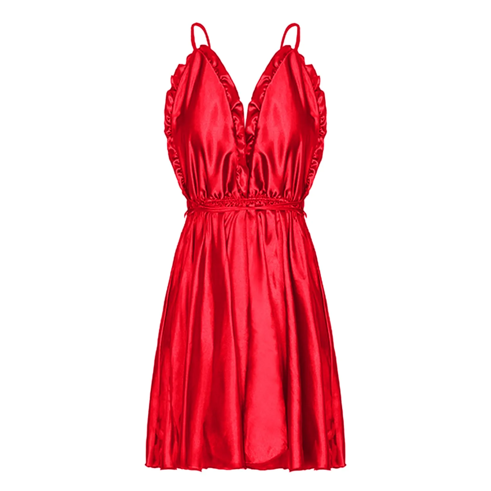 Women Sexy Silk Satin Pajamas Nightdress Deep V Neck Ruffled Nightgowns Lace Up Backless Sling Sleepwear Charm Trendy Nightgowns