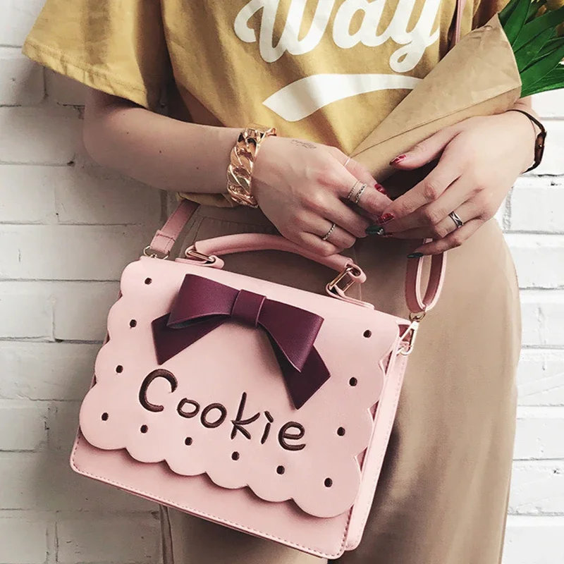 Kawaii Lolita Fresh Cookies Embroidery Crossbody bag Harajuku Girl Sweet Bow Handbag Shoulder Bag Pink Khaki Uniform Gift Bags