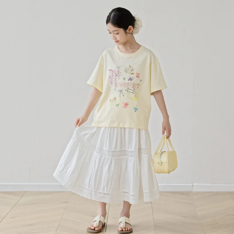 Teenage Girls Summer 2 Piece Set Cute Printed T-shirt & Lace Trim Skirt Casual Outfit For School Outdoor Holiday And Daily Wear