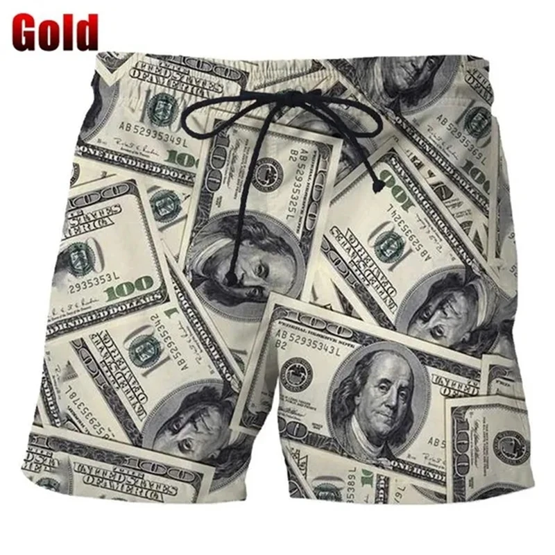 Bermuda Masculina Dólar Estampado 3D Shorts de Praia, Shorts de Borda Masculina, Shorts Unissex Casual Natação, Streetwear, Férias Beachwear