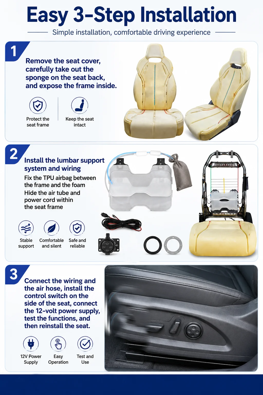 12vSafety seat waist support kit 2 TPUs airbags 4-way adjustment switch included Suitable for car seats Electric seats