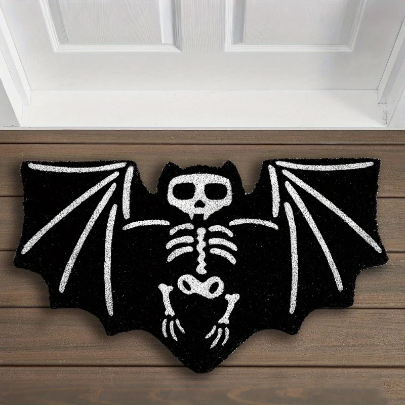 VIKAMA Black White Bone Print Halloween Bat Skeleton Doormat Dust Removal Non Slip Outdoor Front Door Floor Mat Home Decor