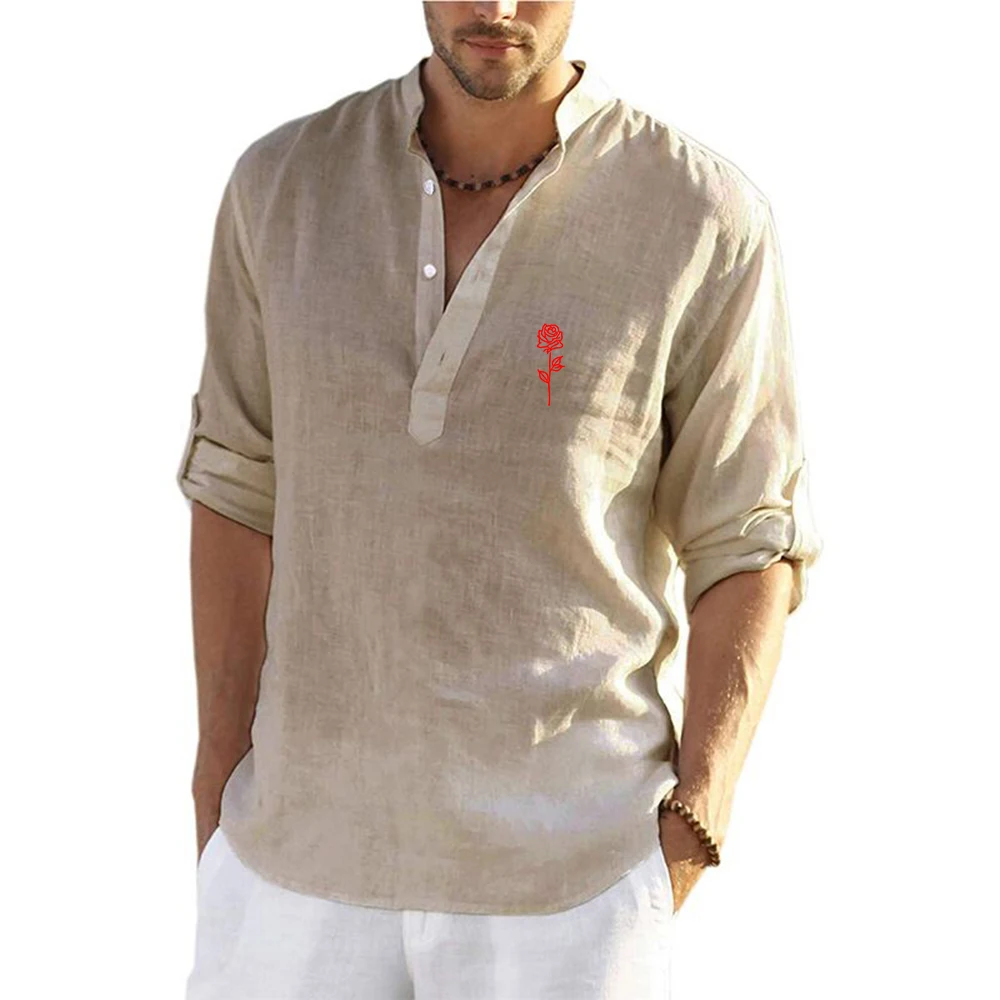 2026 Beautiful Rose Pattern Logo Print Men's Cotton Linen Shirts Beach Tops Shirt Pull on Male Loose Casual Long Sleeve Top view 2