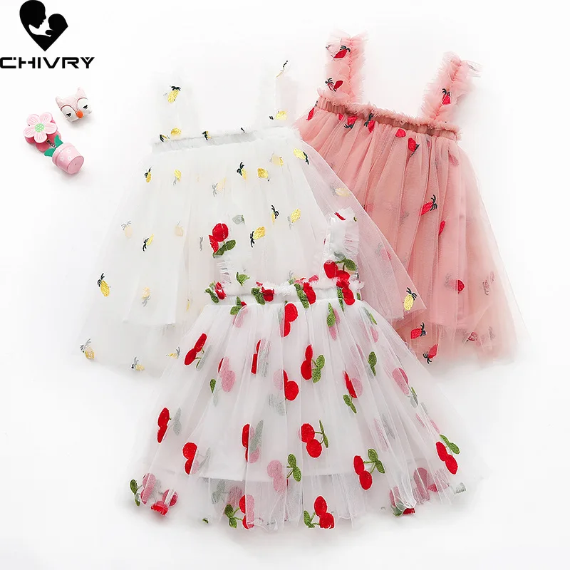 Meninas vestidos de verão 2022 bebê meninas sem mangas slash neck flor bordado malha verão crianças meninas moda princesa vestido