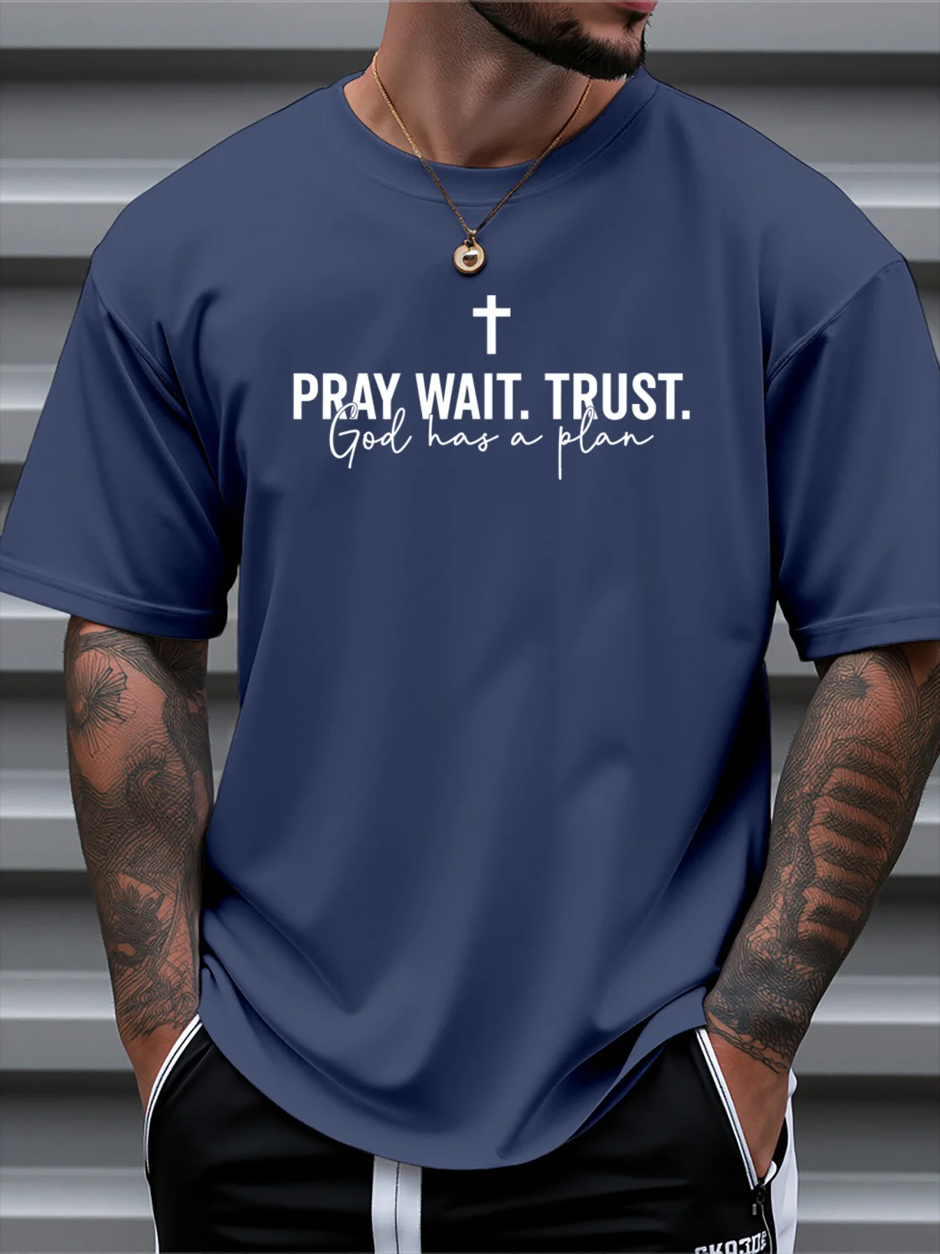 تي شيرت للرجل 100% قطن صيفي للصلاة الانتظار ثق الله لديه خطة طباعة عادية سليم صالح الجولة الرقبة قصيرة الأكمام تي شيرت #1