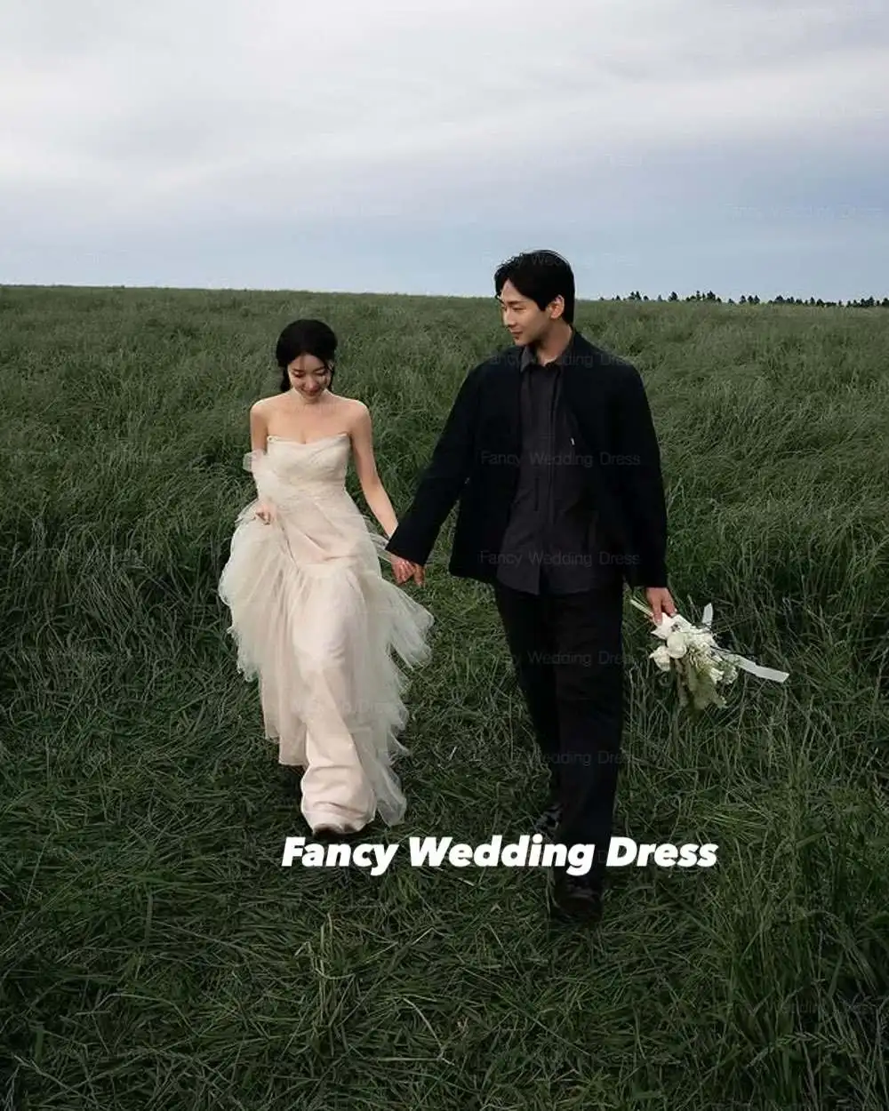 Fancy Princess Strapless Korea Wedding Dress Photography A Line Soft Tulle Bridal Gown Floor Length With Shawl Back Customized