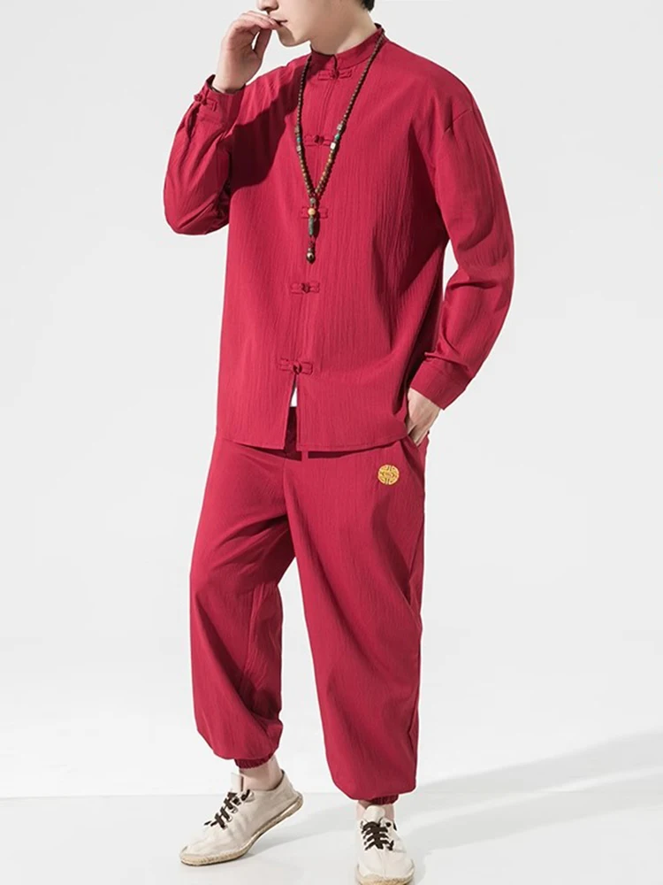 

Red Chinese Sle Men's Jaet Casual Loose Fit Autumn New Faion irt Coat Large Size Leisure Set Single Button Closure