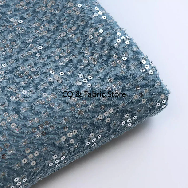 Tessuto denim lavato da donna, giacche alla moda con ricamo di paillettes in puro cotone, abiti, abbigliamento autunnale e invernale al metro