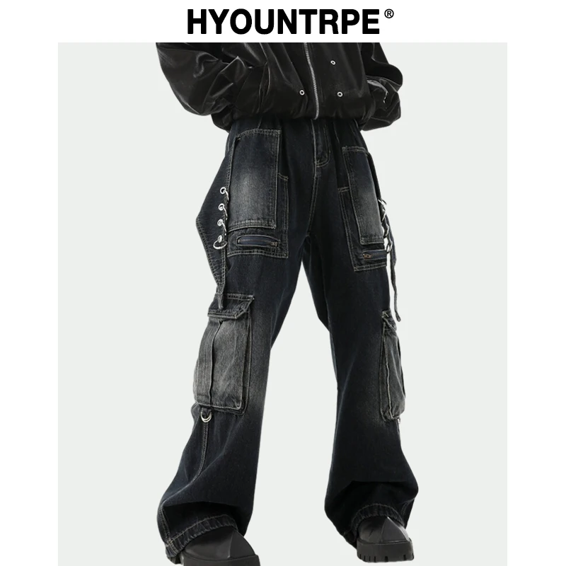 Fashion Punk Rings Streetwear Loose Pants Unisex Casual Multiple Pockets Wide Legs Jean Pants Hip Hop Joggers Men Baggy Jeans