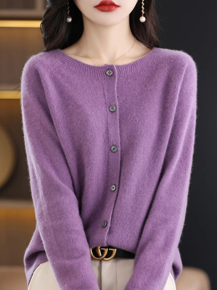 Women O-Neck Cashmere Cardigan 100% Merino Wool Sweater Buttoned Long Sleeve Knitwear For Spring Autumn Solid Basic Top Clothing