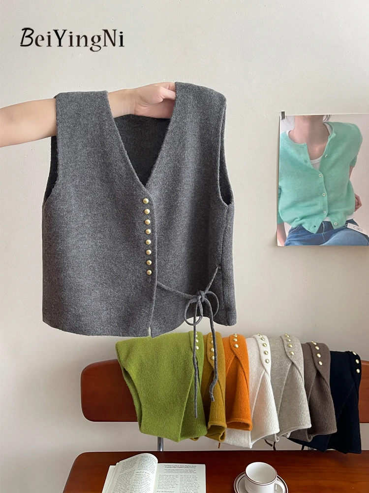 

Beiyingni French Sleeveless Women Vest Cardigans Autumn Winter Single Breasted Knitting Tank Tops All-match Solid Color Sweater