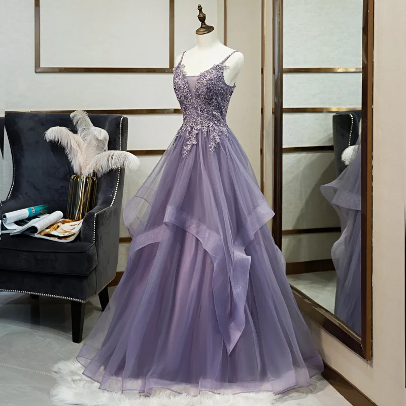 Banquet evening dress Lady purple halter dress vocal art Kaosen Department color gauze gauze dress host evening dress