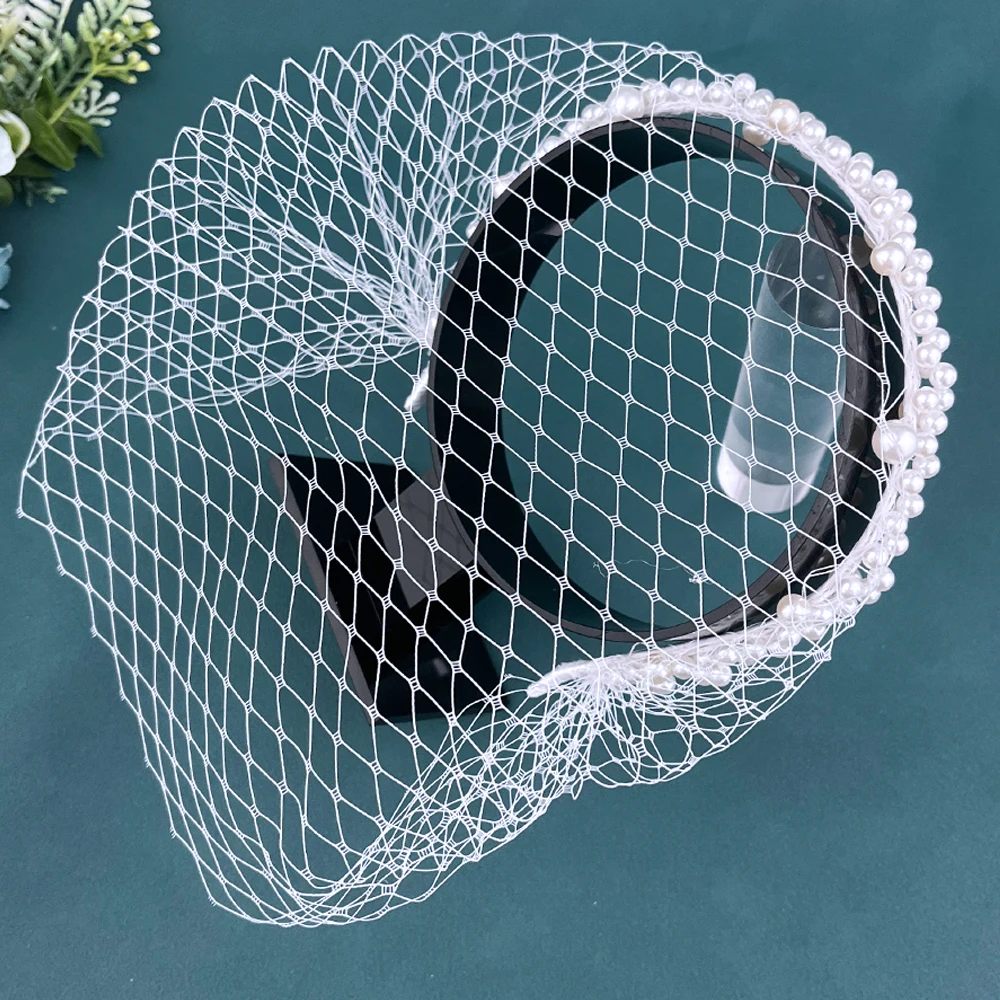 JM26 Tulle Cage Veil with Pearls Wedding Birdcage Veil with Headband Face Cover Bride Headdress Wedding Accessories Mariage