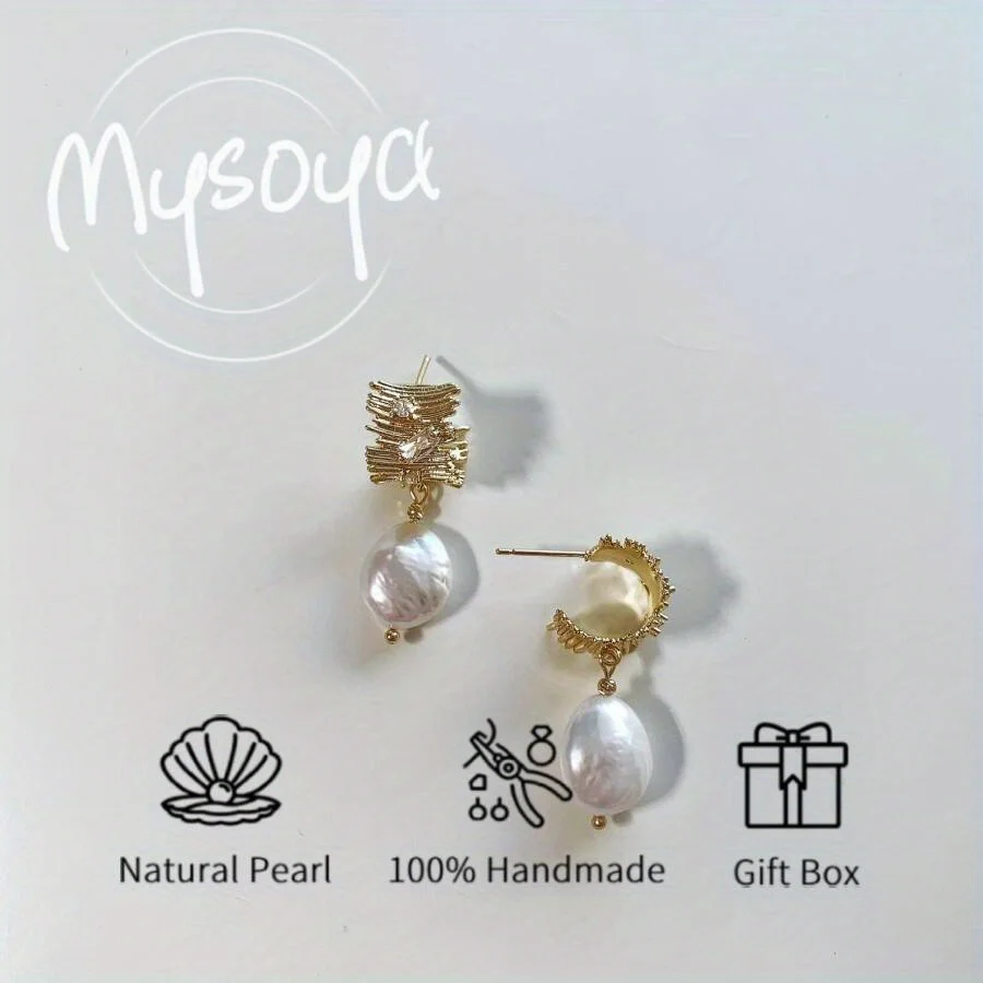 

MYSOYA 8-9mm Natural White Baroque Pearl Irregular Geometric Earrings For Men Women With Gift Box Perfect Birthday Wedding Gift