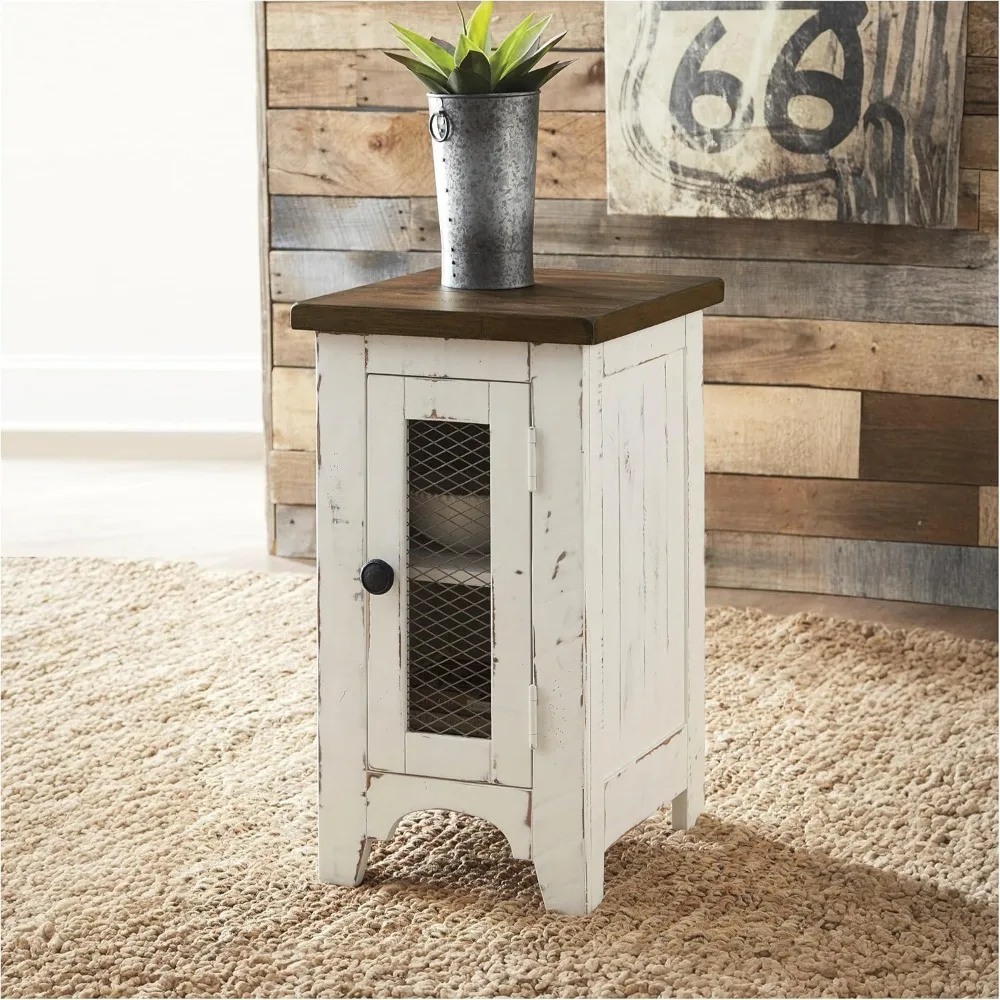 طاولة جانبية للكرسي على طراز المزرعة مع خزانة تخزين، لمسة نهائية باللونين الأبيض والبني