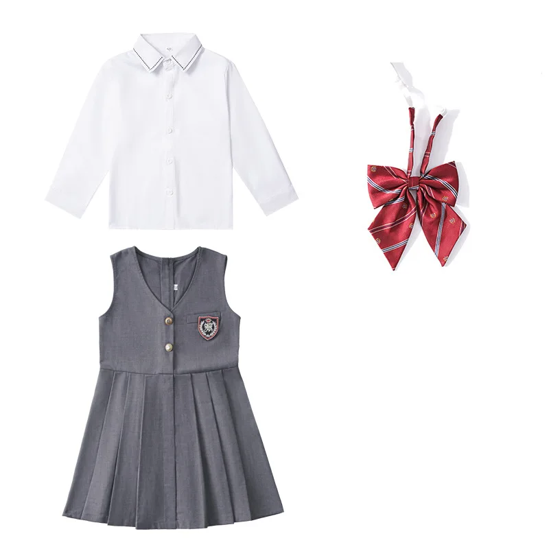 Kid Japanese School Uniform White Shirt Gray Pleated Pinafore Dress Vest Pants Bow Tie for Girl Boy Clothes Set Student Outfit