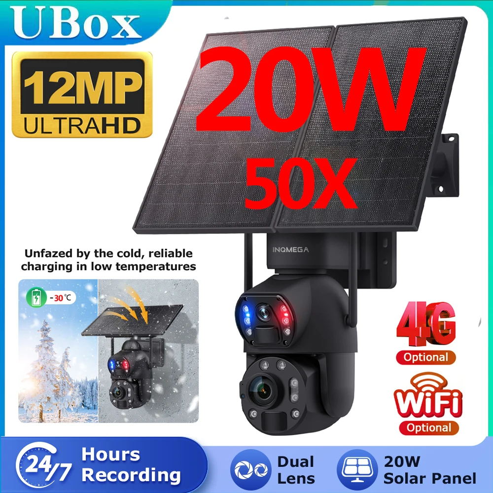 INQMEGA 6K 12MP 50X Zoom 4G Solar Camera Dual Lens Dual Screen Human Detect Auto Tracking Outdoor 20W Solar Panel WIFI CCTV ﻿