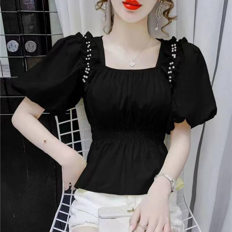 Summer Pullover Chiffon Puff Short Sleeve Square Collar Solid Color Embroidered Flares T-shirt Elegant Women\'s Clothing Tops