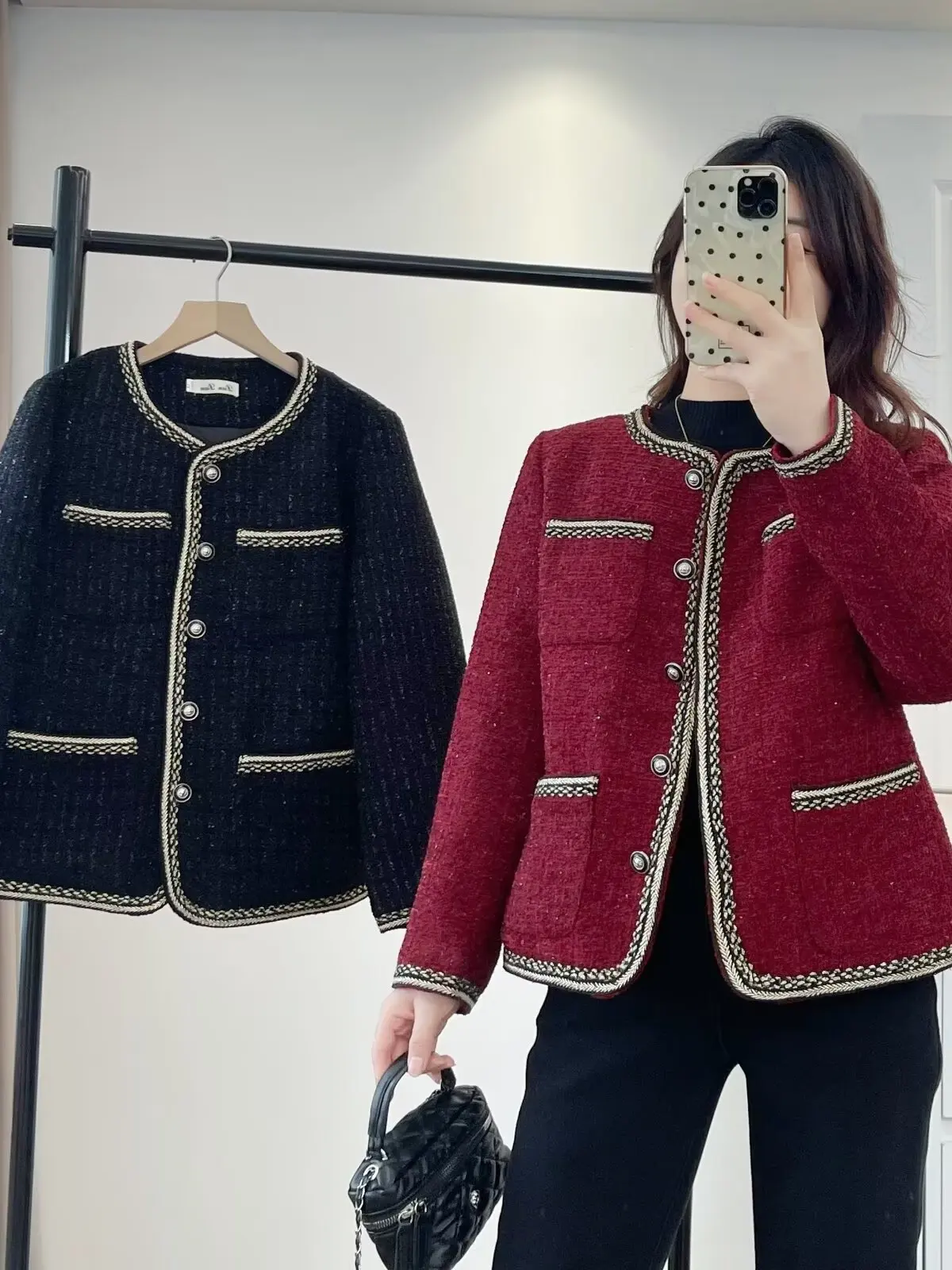 

plus Size Cotton Jacket Women's Winter Fashion Tweed Color Block Metal Button High End Feelings Match All over Top Coat