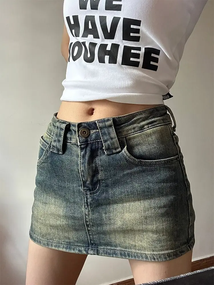 Tall European and American High Street Vibe Style Millennium Hot Girl Denim Skirt for Women Summer Retro Distressed Versatile Bo