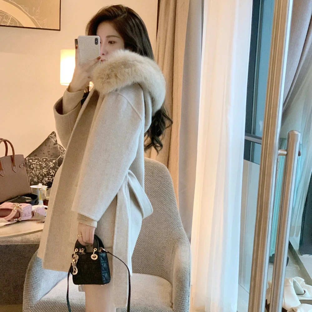 New Oversize Ladies Outerwear 2023 Imitation fox hair Coat Winter Jacket Women  Fox Fur Collar Cuffs Hood Cashmere Wool Woolen