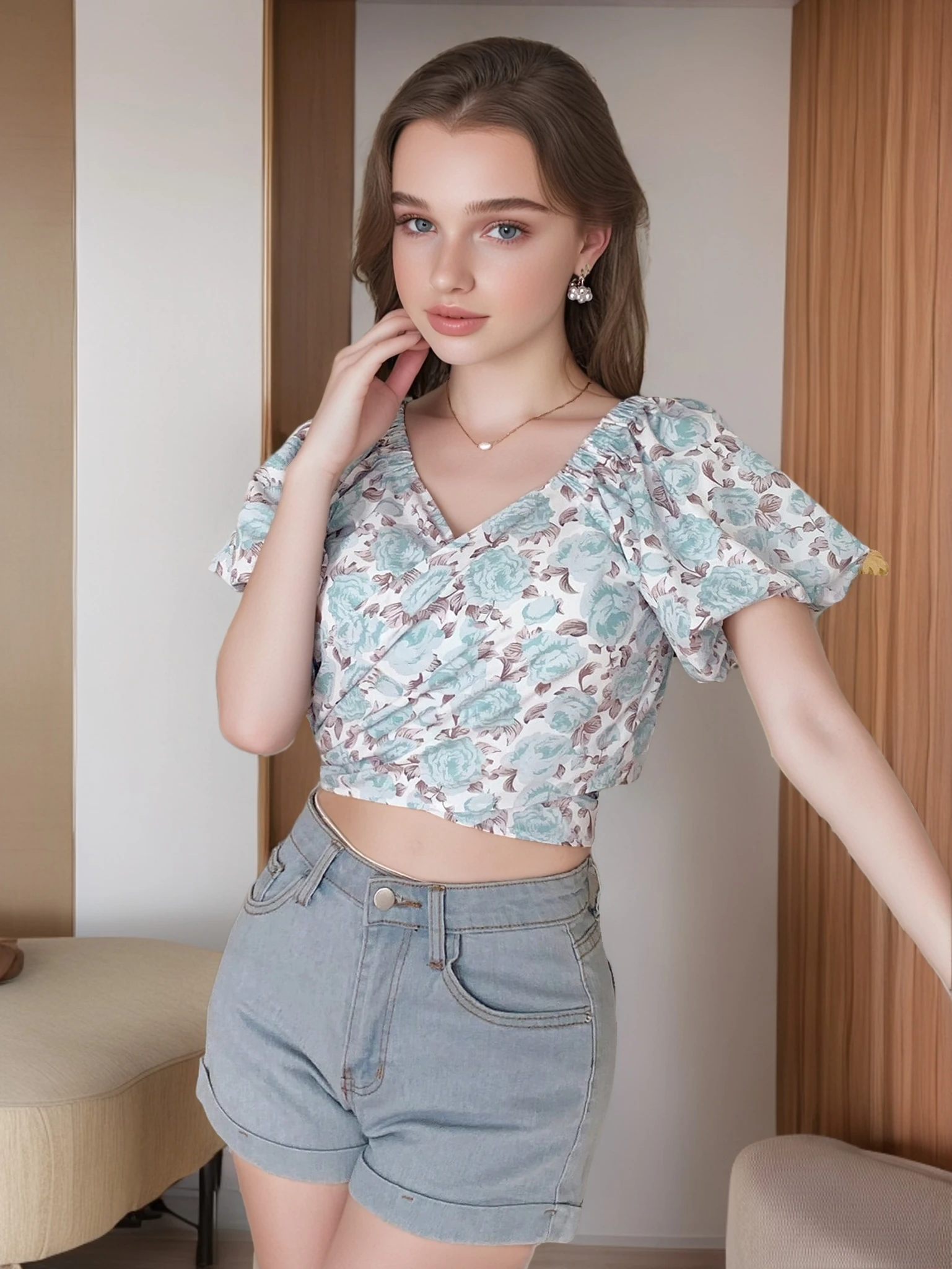 Summer Elegant Sweet V-neck Lace-up Puff Sleeve Shirt Women's Causal Floral Print Lace Thin Blouses Chiffon Sexy Tees Top 2024