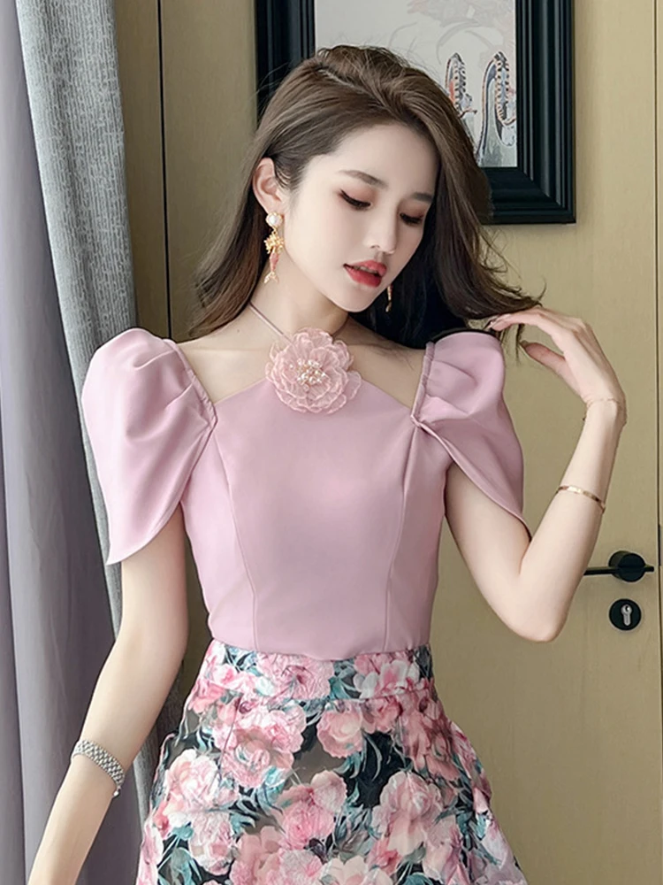 Summer New Beauty Style Pink T Shirt Flower Halter Bandage Lace Up Bubble Sleeve Tops Short T-shirt Party Date Prom Blouse Femme