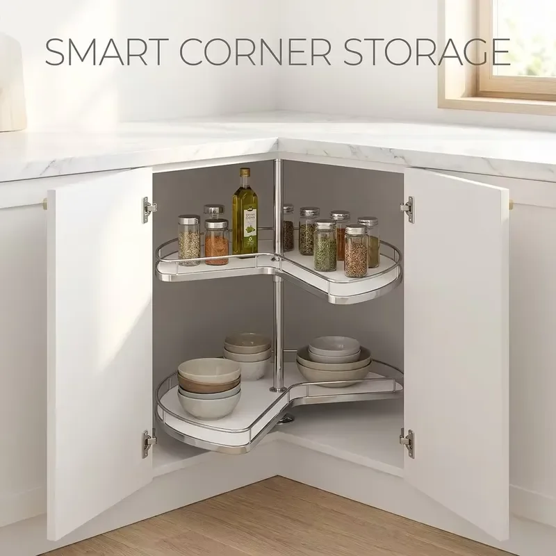 Modern Carbon Steel Corner Cabinet Pull Out Basket 360 Degree Rotating Turntable Double Layer Pot Seasoning Storage Rack