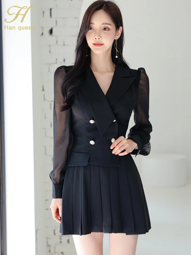 H Han Queen 2024 Elegant Sexy Autumn Black Pleated Short Dress Women Simple Korean Bodycon Party Dresses Casual Office Vestidos