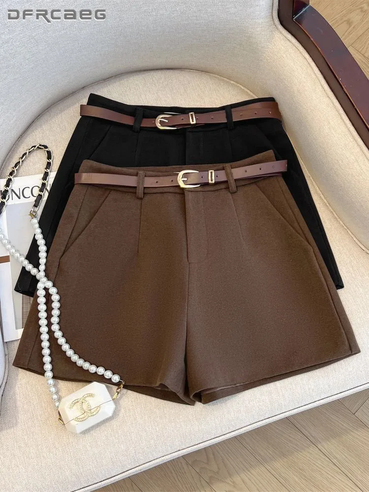 ارتفاع الخصر مكتب OL الدافئة النساء السراويل الصوفية مع حزام الخريف الشتاء الكورية نمط واسعة الساق سراويل قصيرة سيدة #1