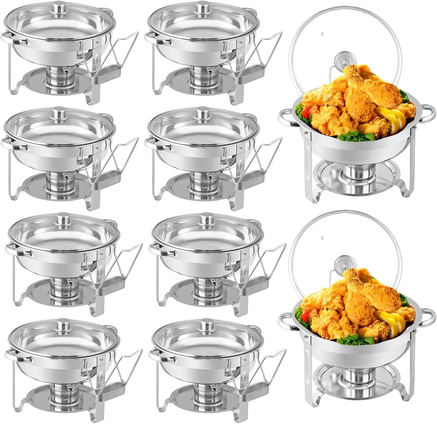 Super Deal 10 Pack Round Chafing Dishes For Buffet Set With Glass Lid, Food And Water Pan, Solid Stand And Fuel Holder, 5Qt