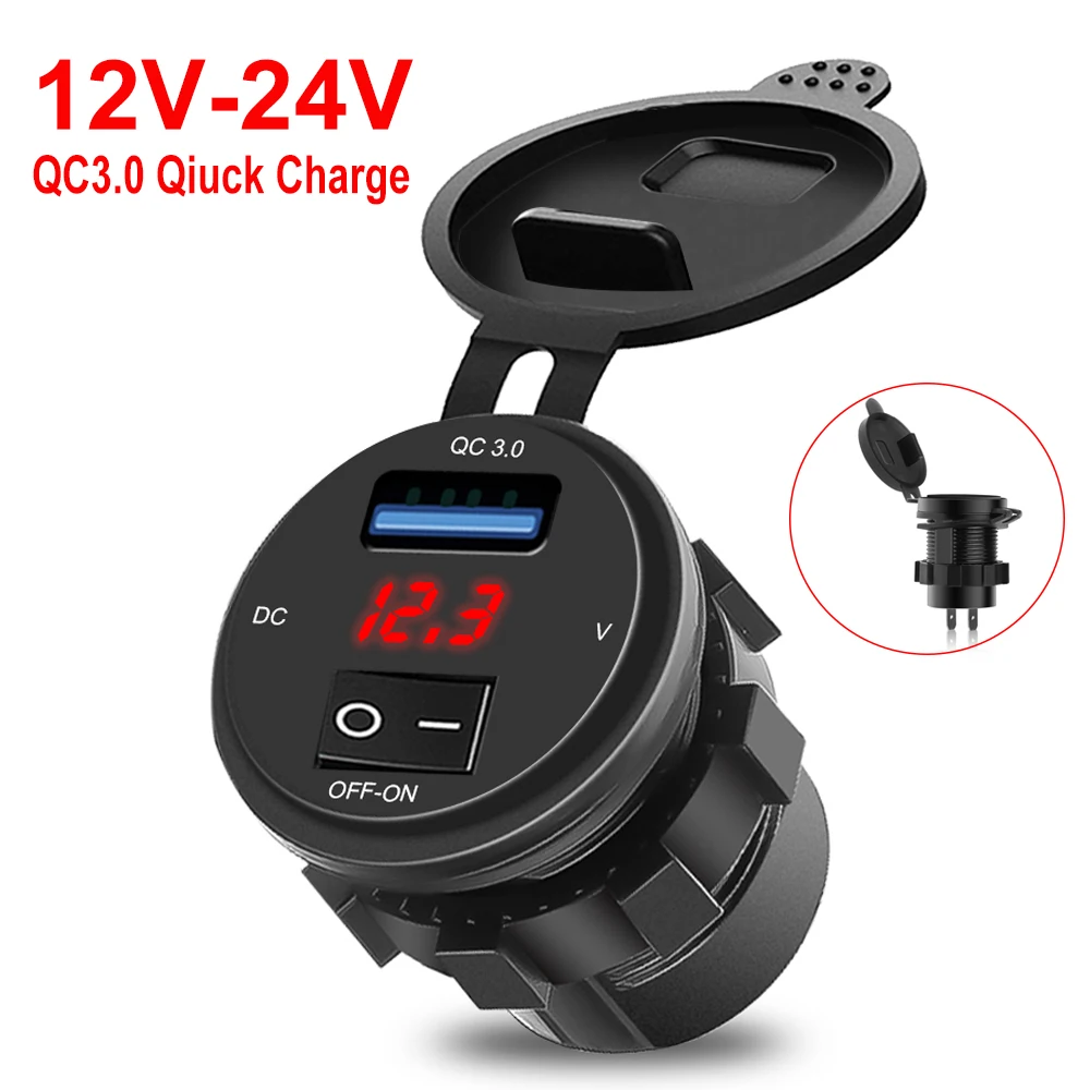 18W Car USB Charger Socket Waterproof Fast Charge Adapter with ON-OFF Switch QC3.0 Power Outlet for Car Motorcycle Marine