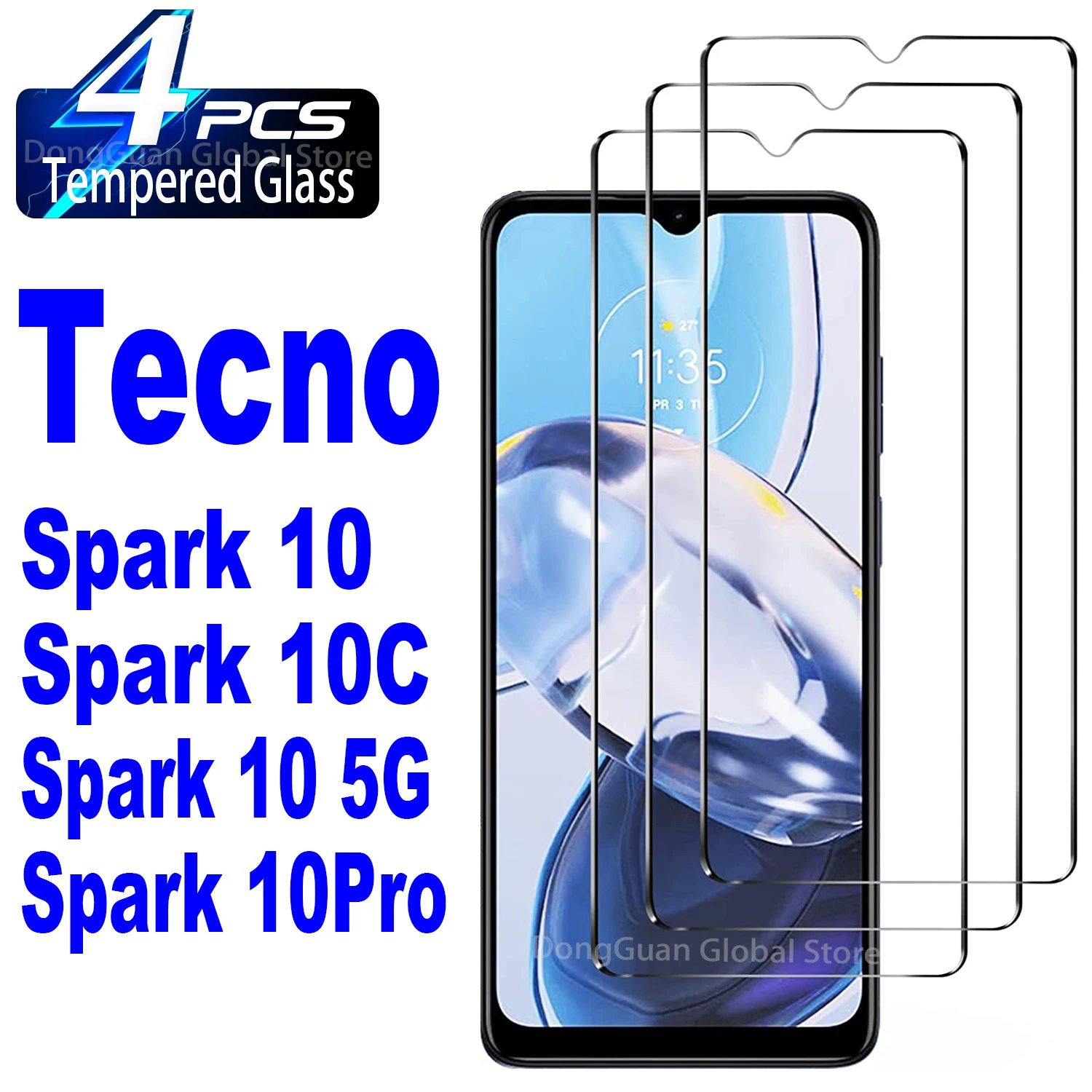 Protetor de tela de vidro temperado, filme para Tecno Spark 10, 5G, Pro, 10C, 2 pcs, 4pcs