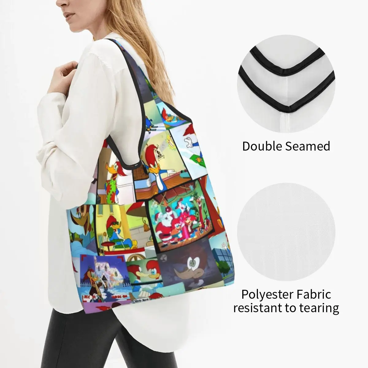 Custom Reusable Cartoon Woody Woodpecker Animation Shopping Bag Women Tote Bag Portable Grocery Shopper Bags